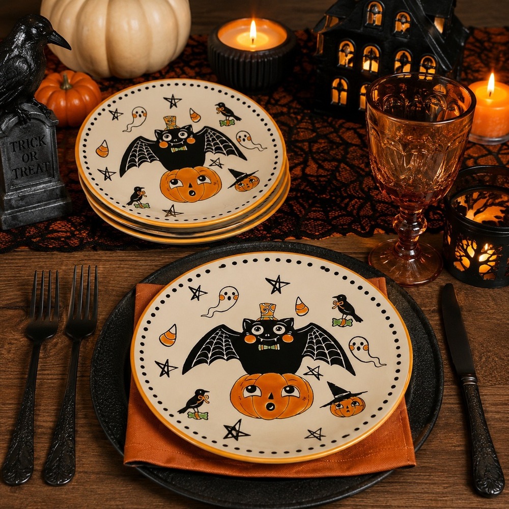 Vintage Style Halloween Salad Plates Set of 4 Bat Cat Pumpkin Ghost Ceramic NEW